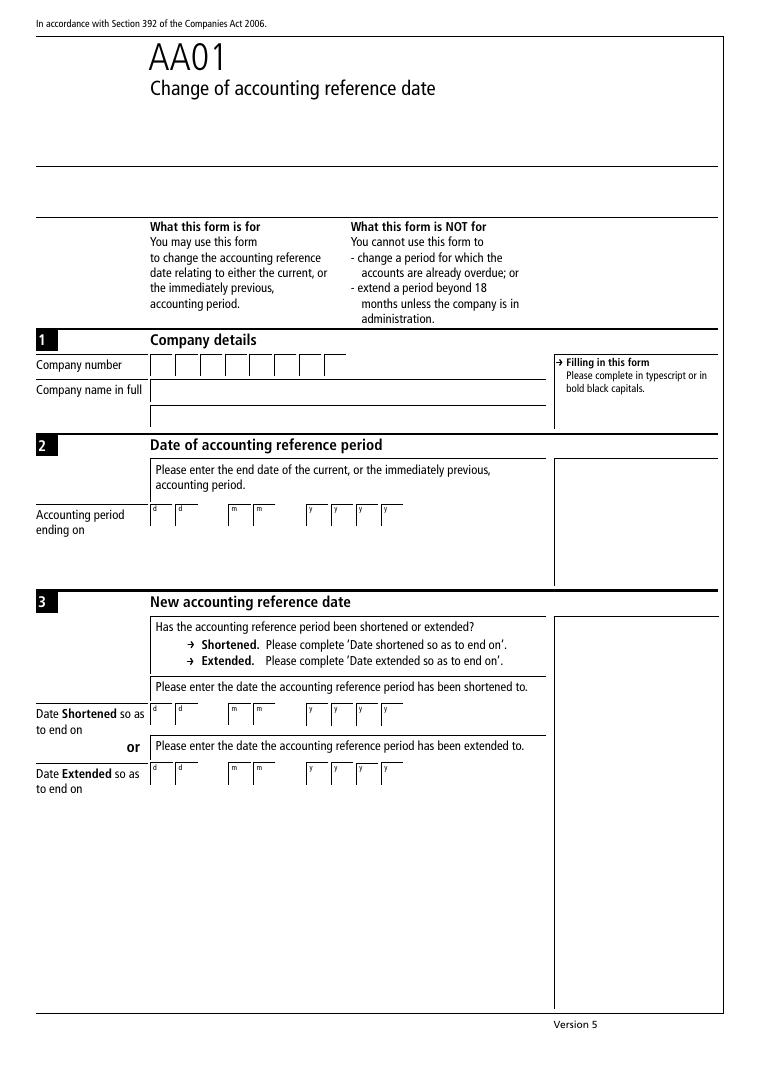 Companies House AA01 Change of Accounting Reference Date document preview
