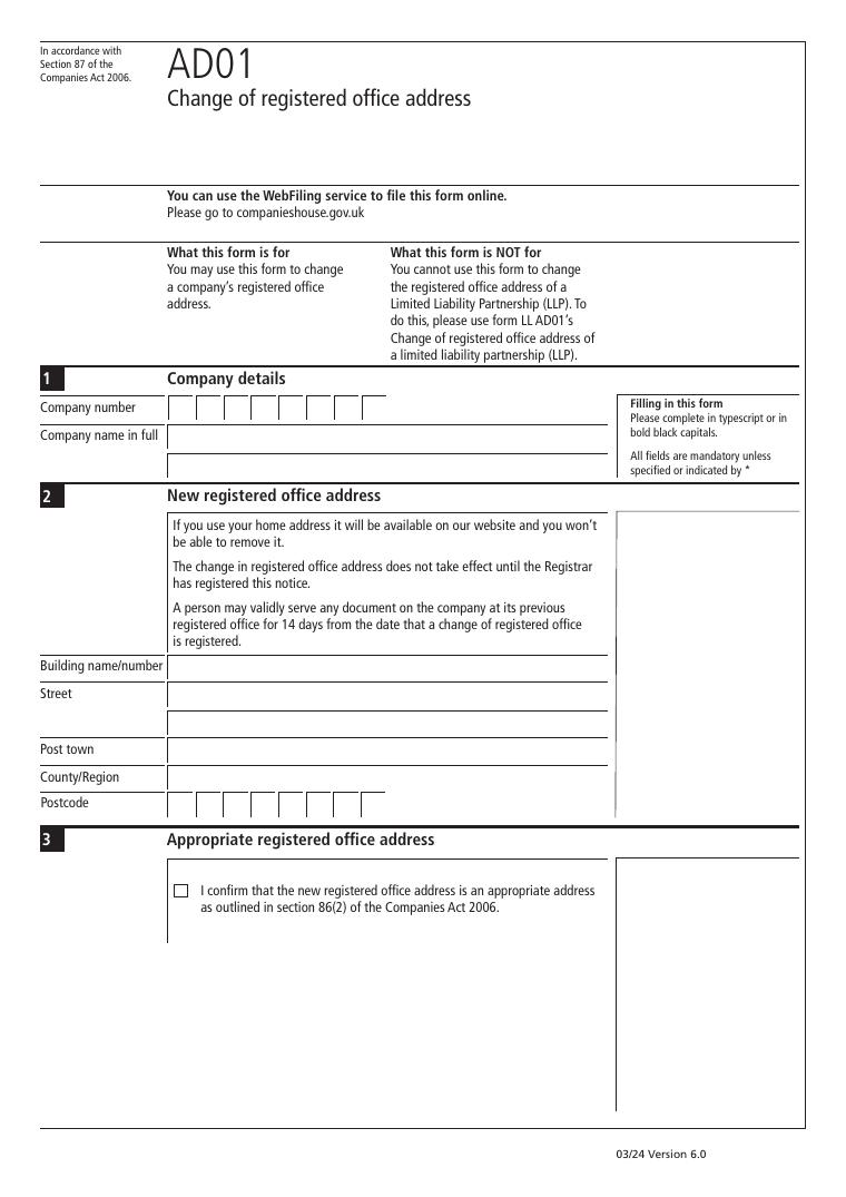 Companies House AD01 Change of Registered Office Address document preview