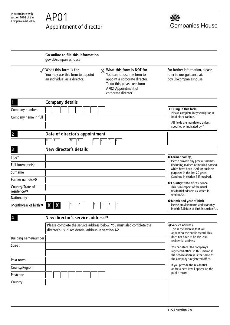 Companies House AP01 Appointment of a Director document preview