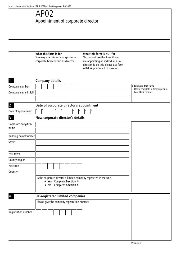 Companies House AP02 Appointment of Corporate Director document preview