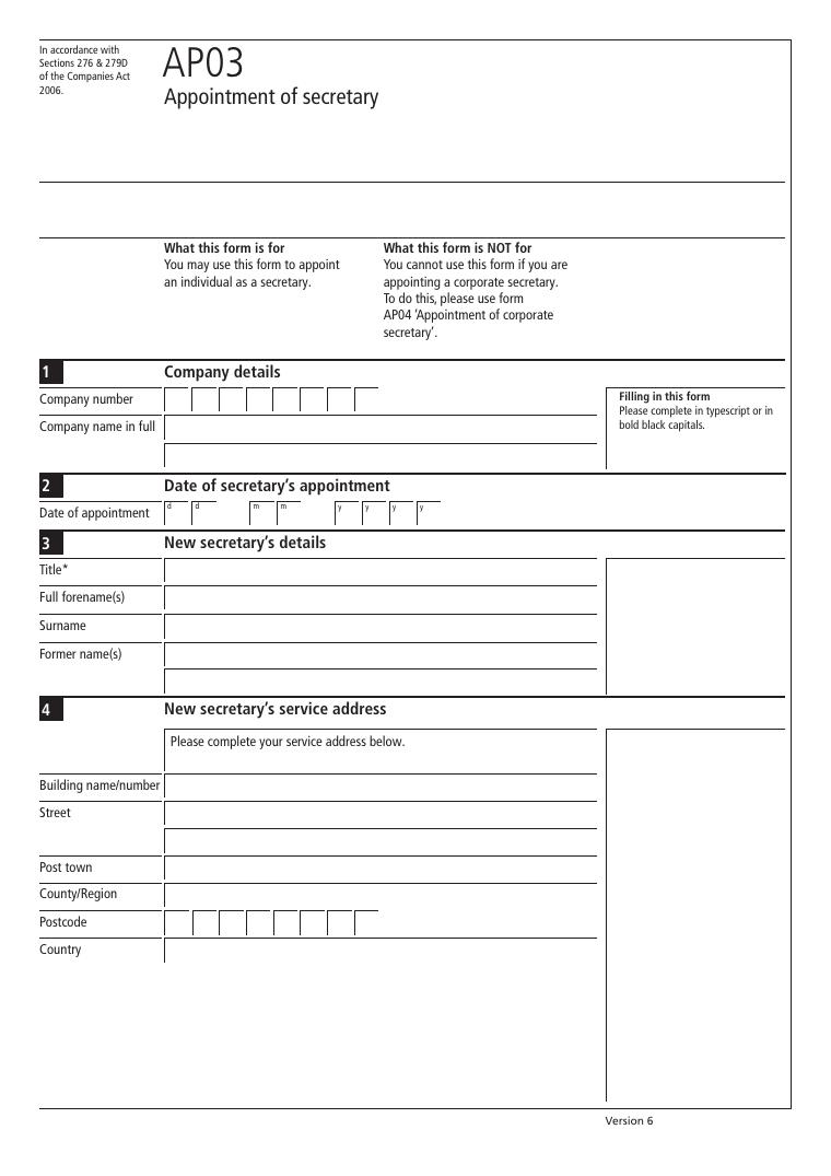Companies House AP03 Appointment of Secretary document preview