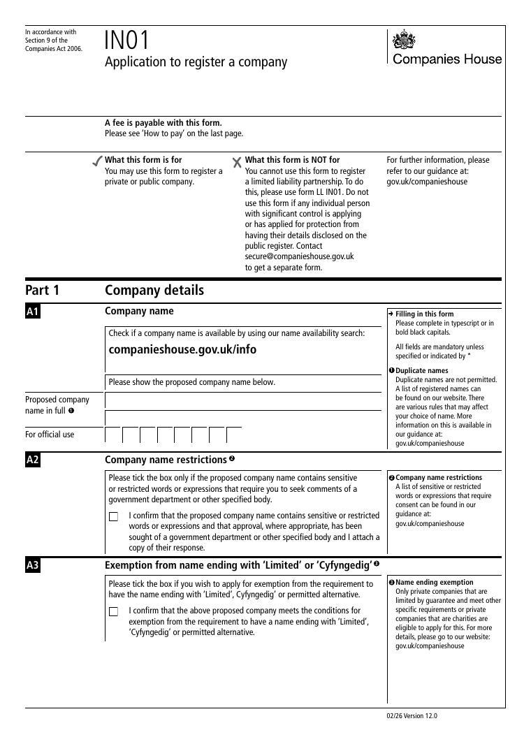 Companies House IN01 Application to Register a Company document preview