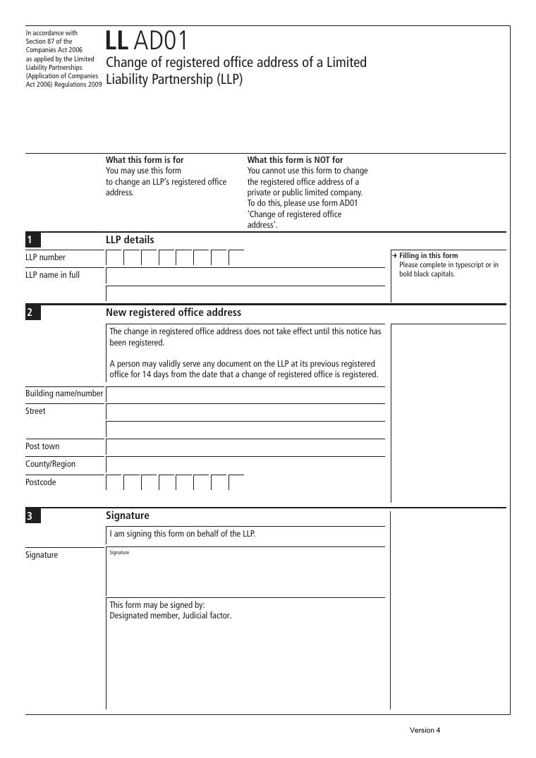 Companies House LL AD01 Change of Registered Office Address of a Limited Liability Partnership document preview