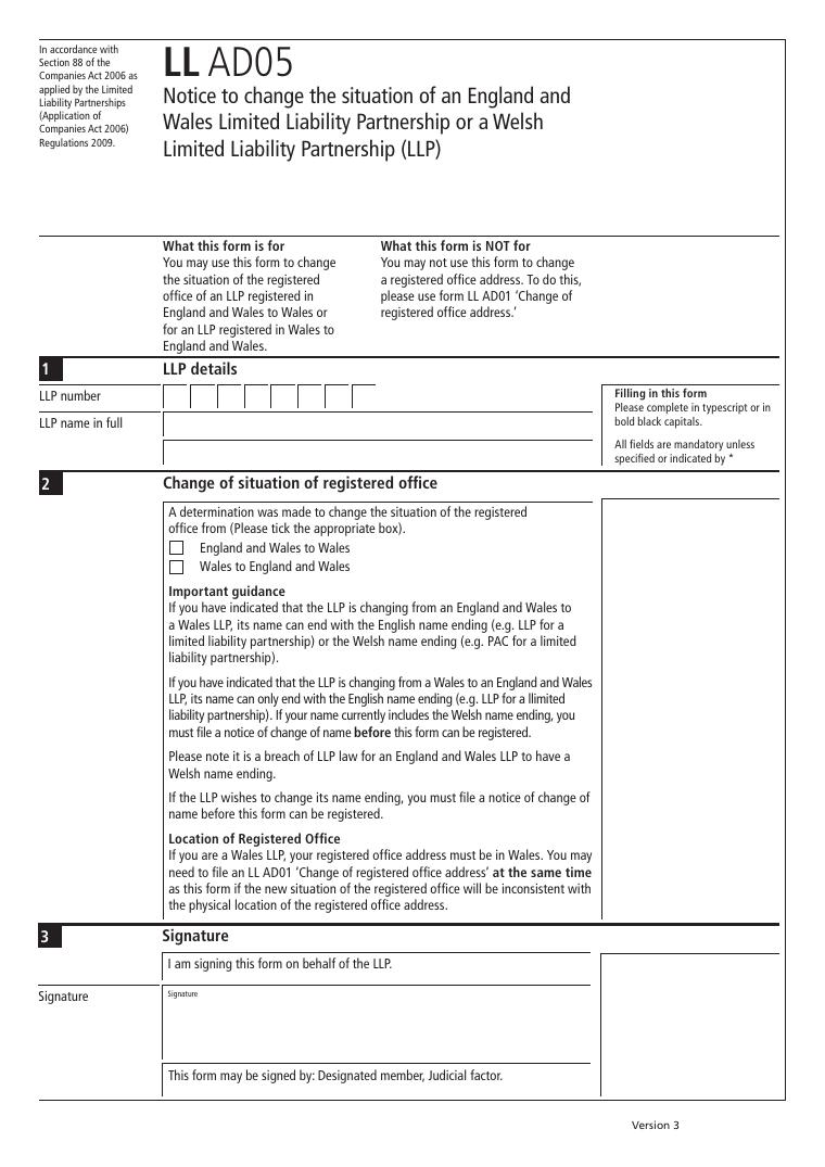 Companies House LL AD05 Notice to Change the Situation of an England and Wales Limited Liability Partnership Registered Office document preview