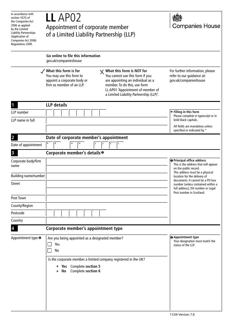 Companies House LL AP02 Appointment of Corporate Member of an LLP document preview