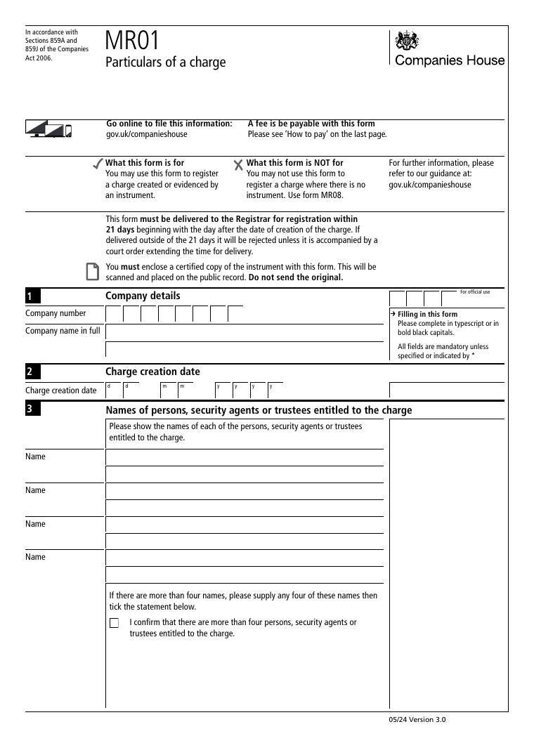 Companies House MR01 Register Particulars of a Charge document preview