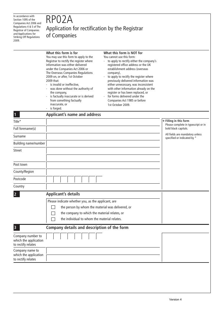 Companies House RP02A Application for Rectification by the Registrar document preview