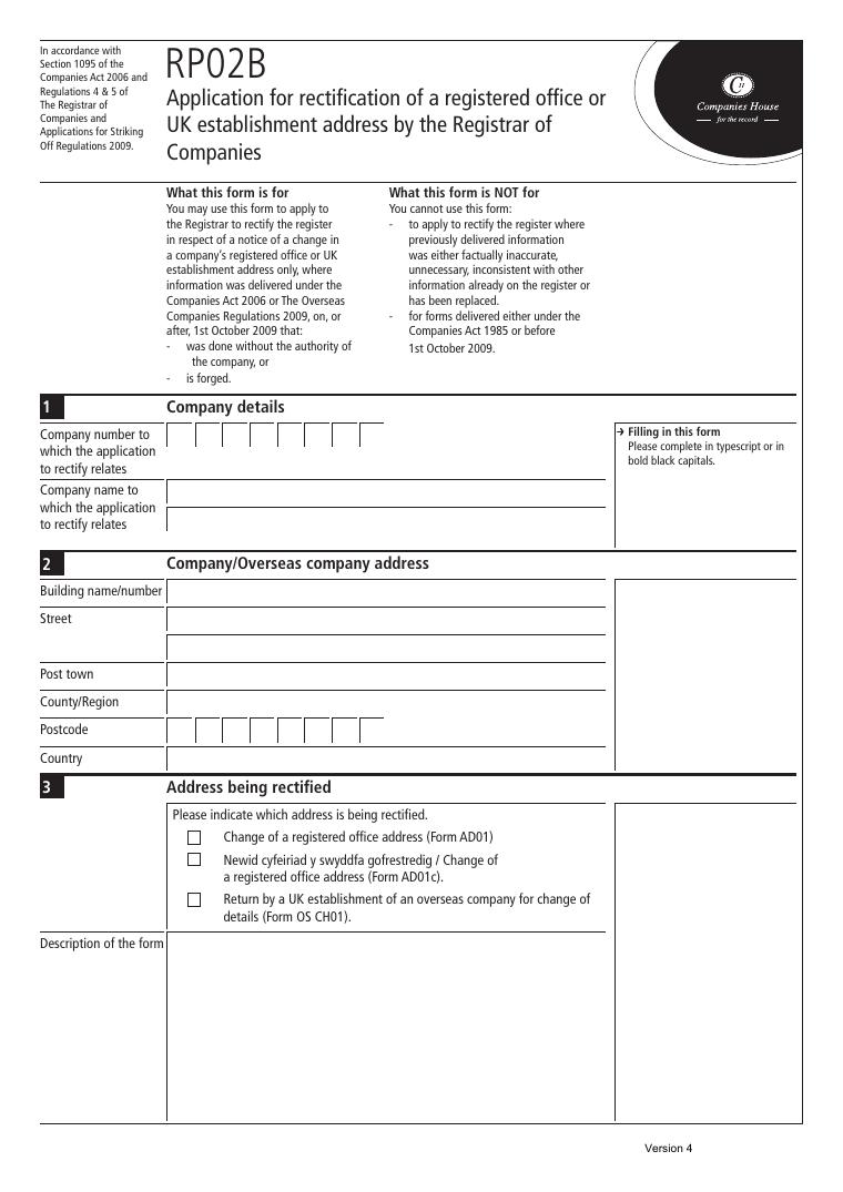 Companies House RP02B Application for Rectification of a Registered Office or UK Establishment Address document preview