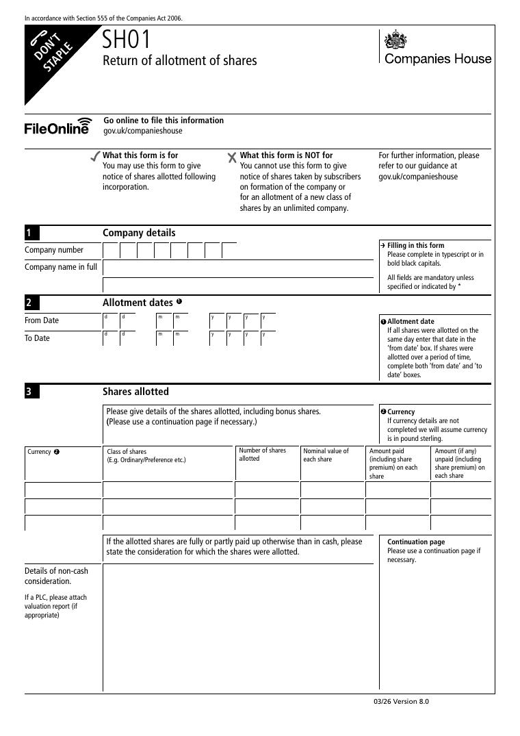 Companies House SH01 Return of Allotment of Shares document preview