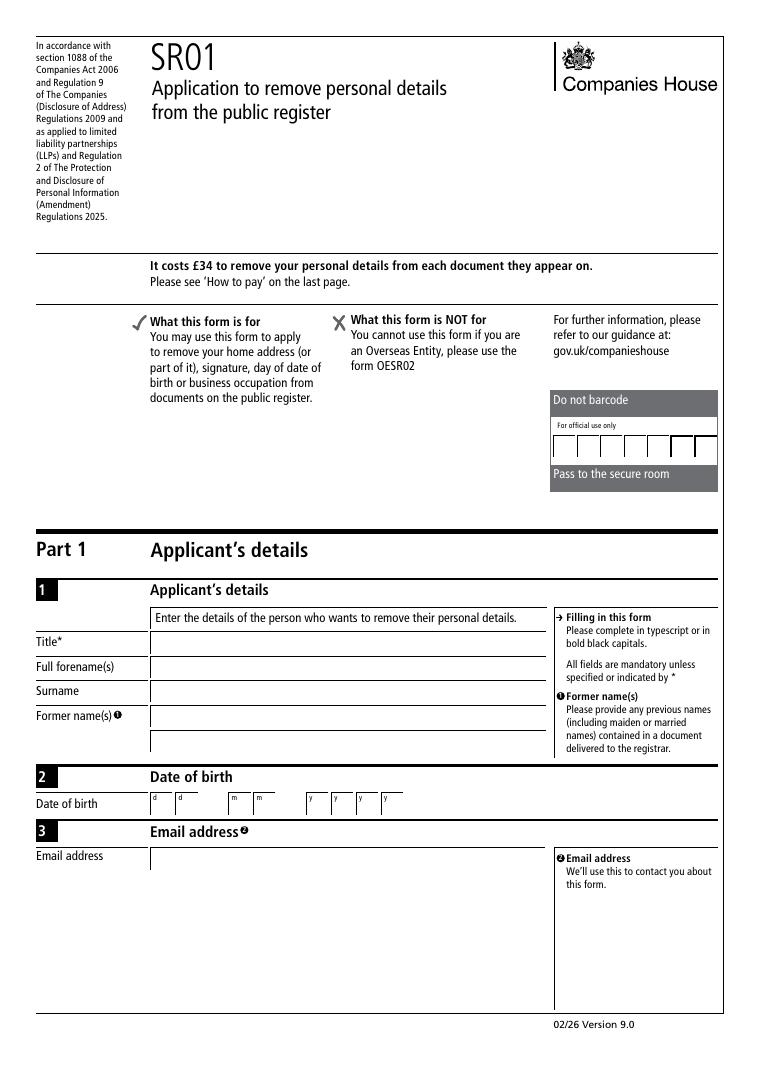 Companies House SR01 Application to Remove Personal Details from the Public Register document preview