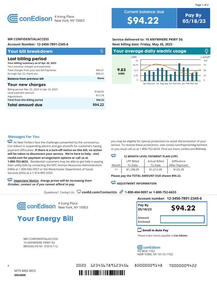 Con Edison Bill Template 2023 document preview