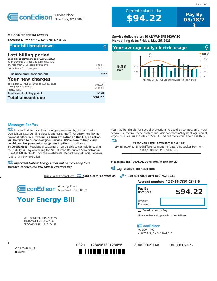 Con Edison Bill Template 2023 document preview