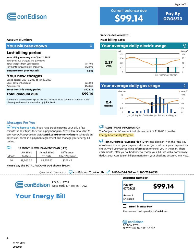 Con Edison Low Income Sample Bill document preview