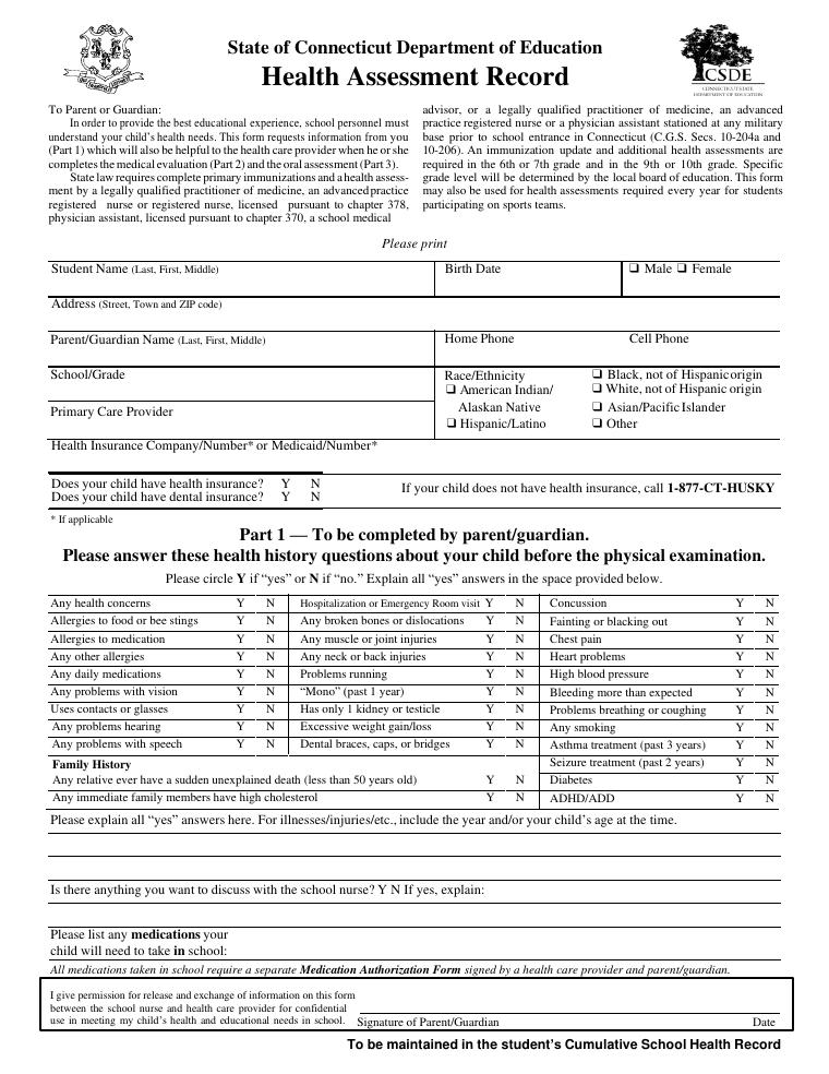 Connecticut School Health Assessment Record document preview