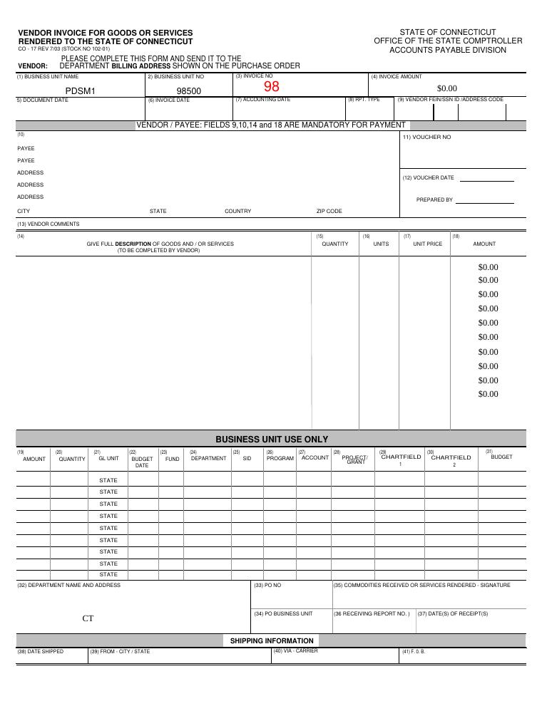 Connecticut Vendor Invoice for Goods or Services document preview
