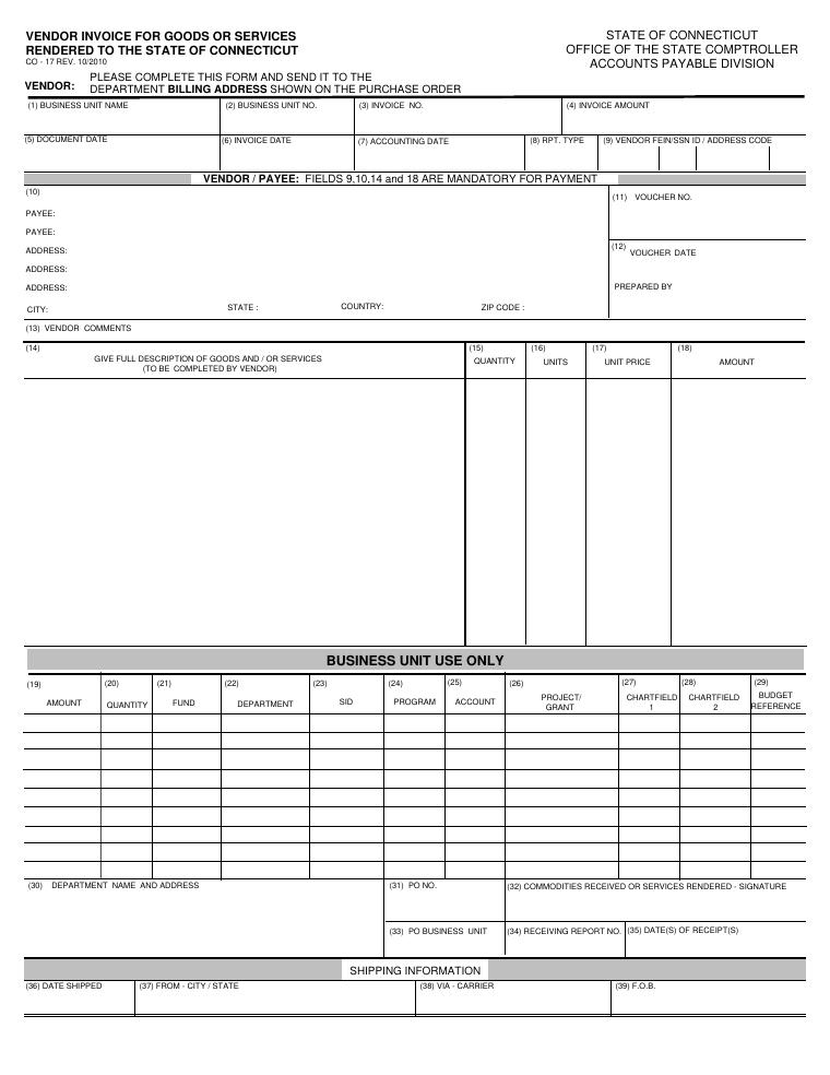 Connecticut Vendor Invoice for Goods or Services Rendered to the State document preview