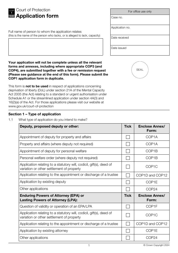COP1 Court of Protection Application Form document preview