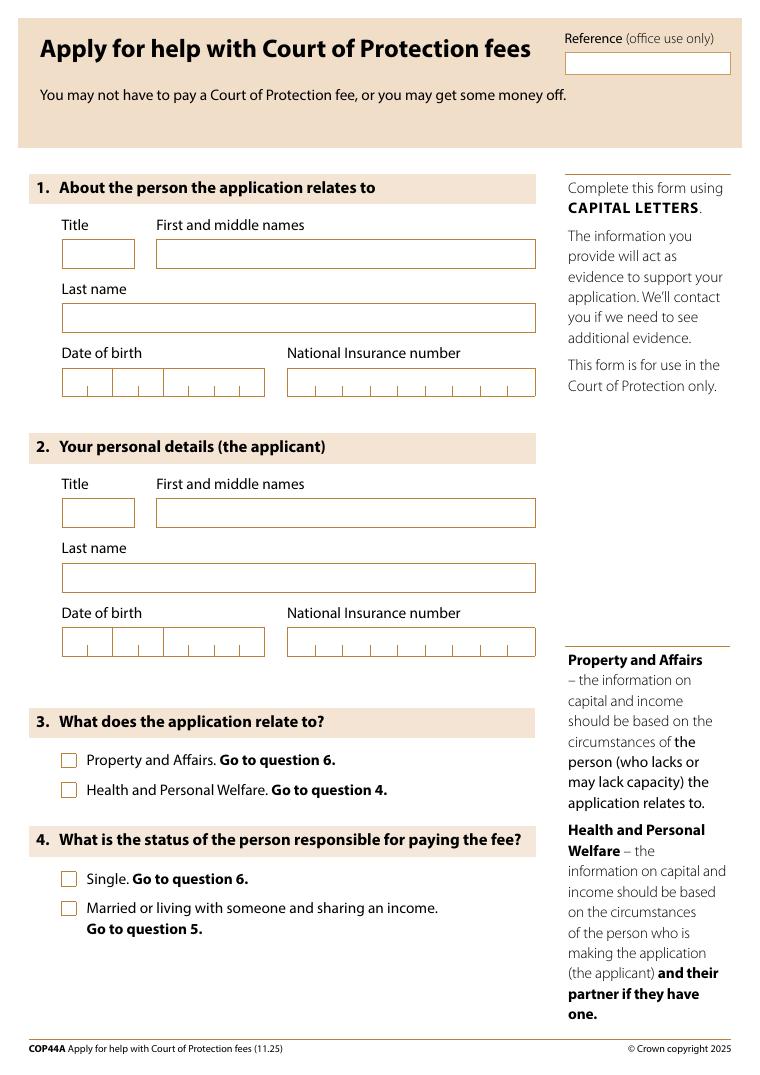 COP44A Apply for Help With Court of Protection Fees document preview