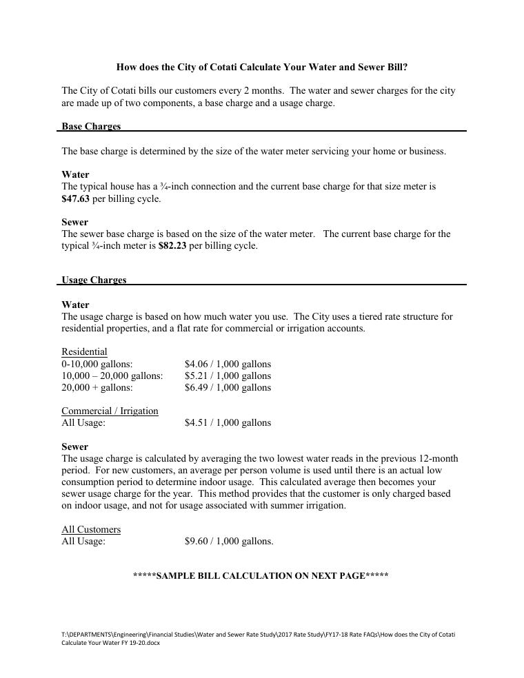 Cotati Sample Water and Sewer Bill Calculation document preview