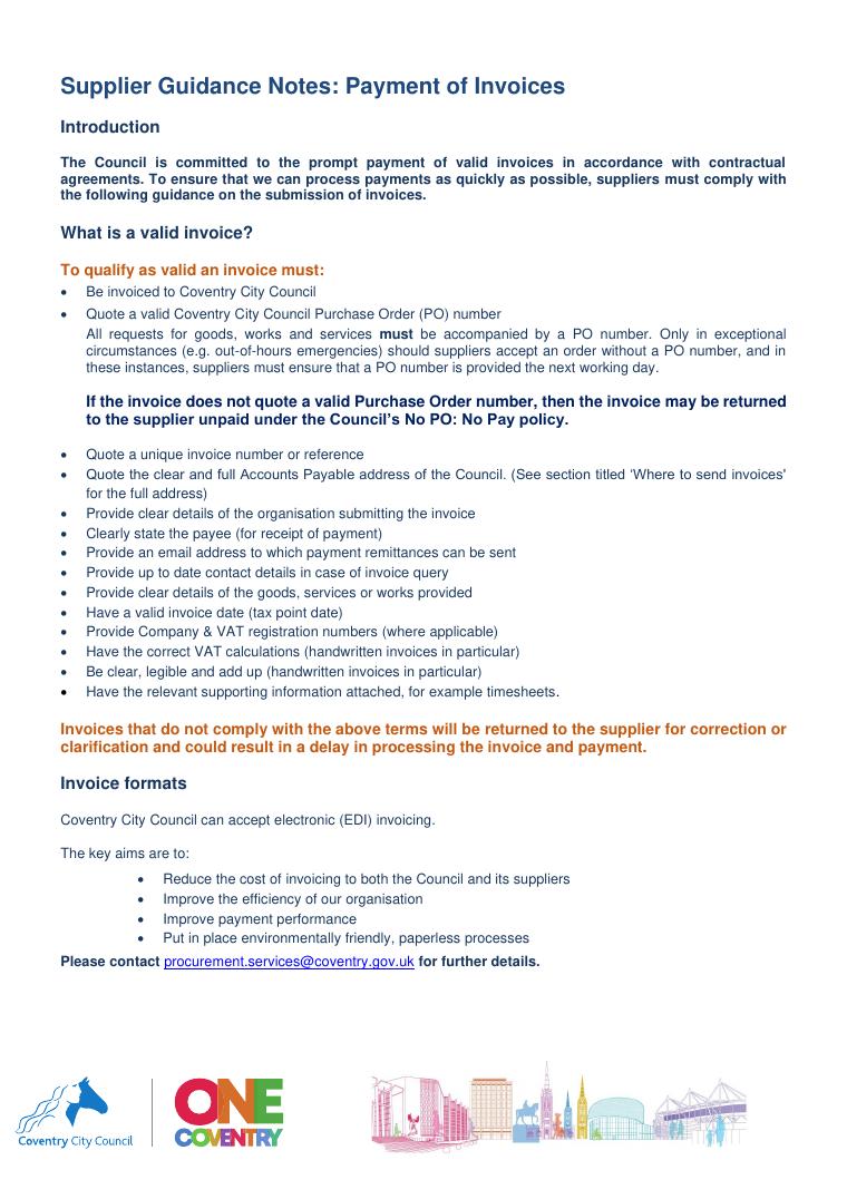 Coventry City Council Supplier Guidance Notes for Payment of Invoices document preview