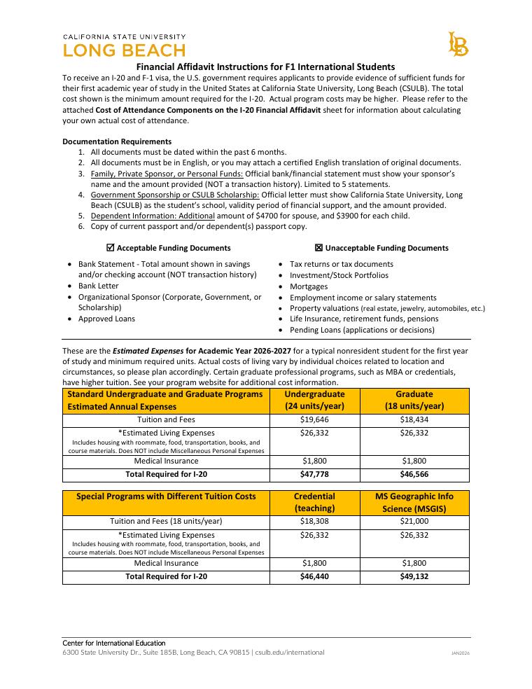 CSULB Financial Affidavit Instructions for F-1 International Students 2026-2027 document preview
