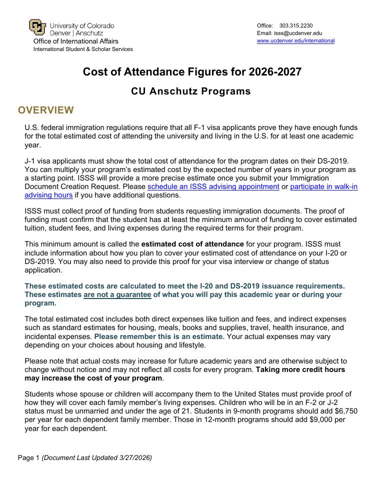 CU Denver Cost of Attendance Figures for 2026-2027 Anschutz Programs document preview
