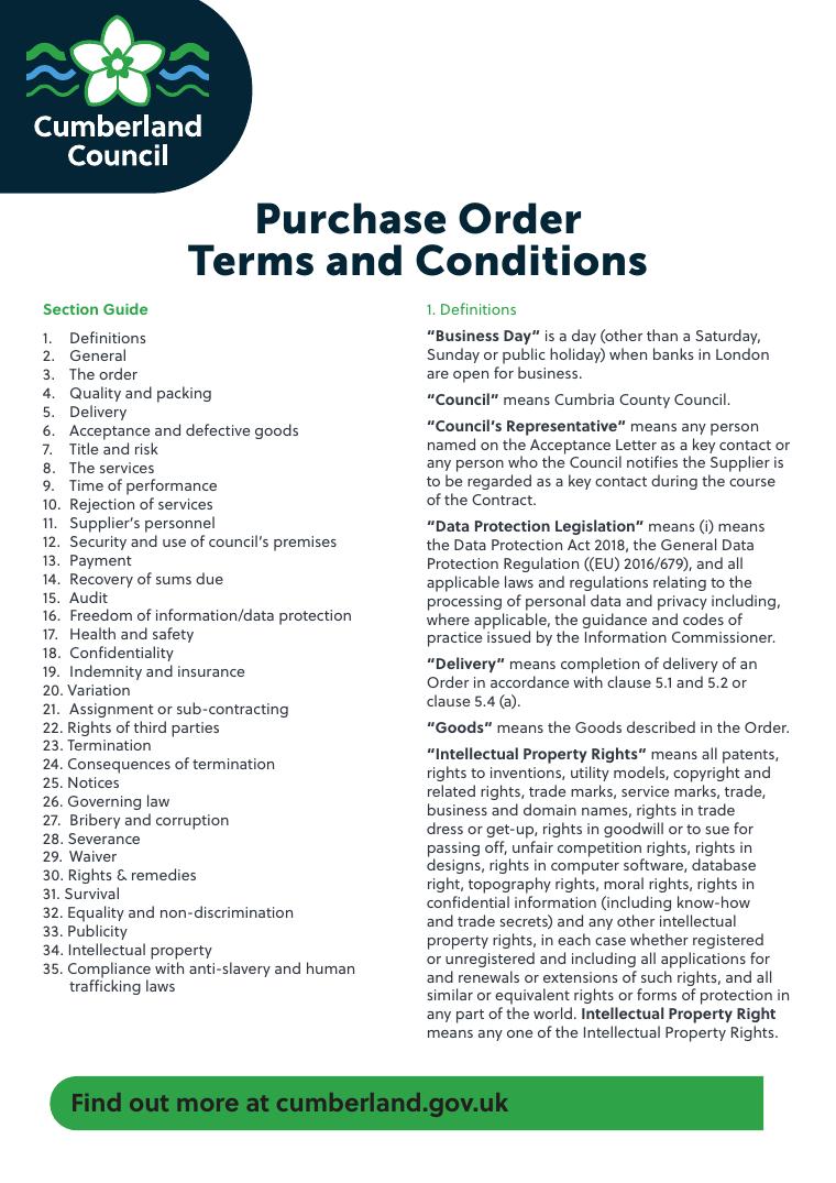 Cumberland Council Purchase Order Terms and Conditions document preview