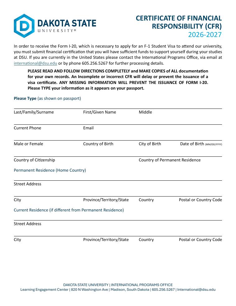 Dakota State University Certificate of Financial Responsibility 2026-2027 document preview