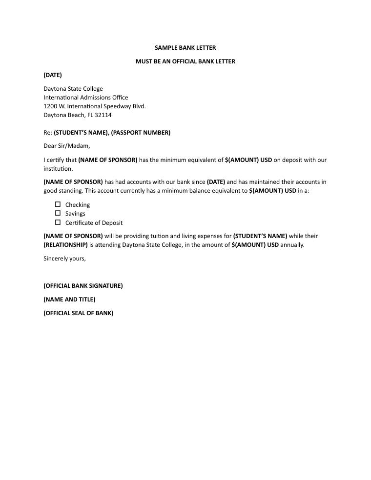 Daytona State College Sample Bank Letter document preview