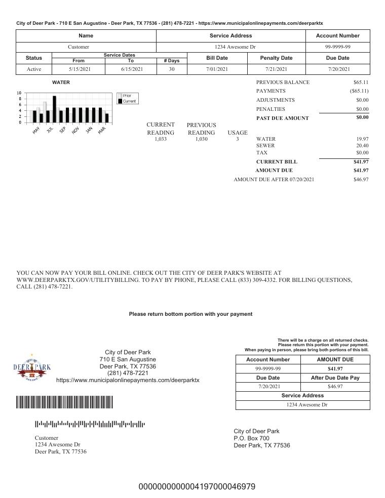 Deer Park Sample Utility Bill document preview