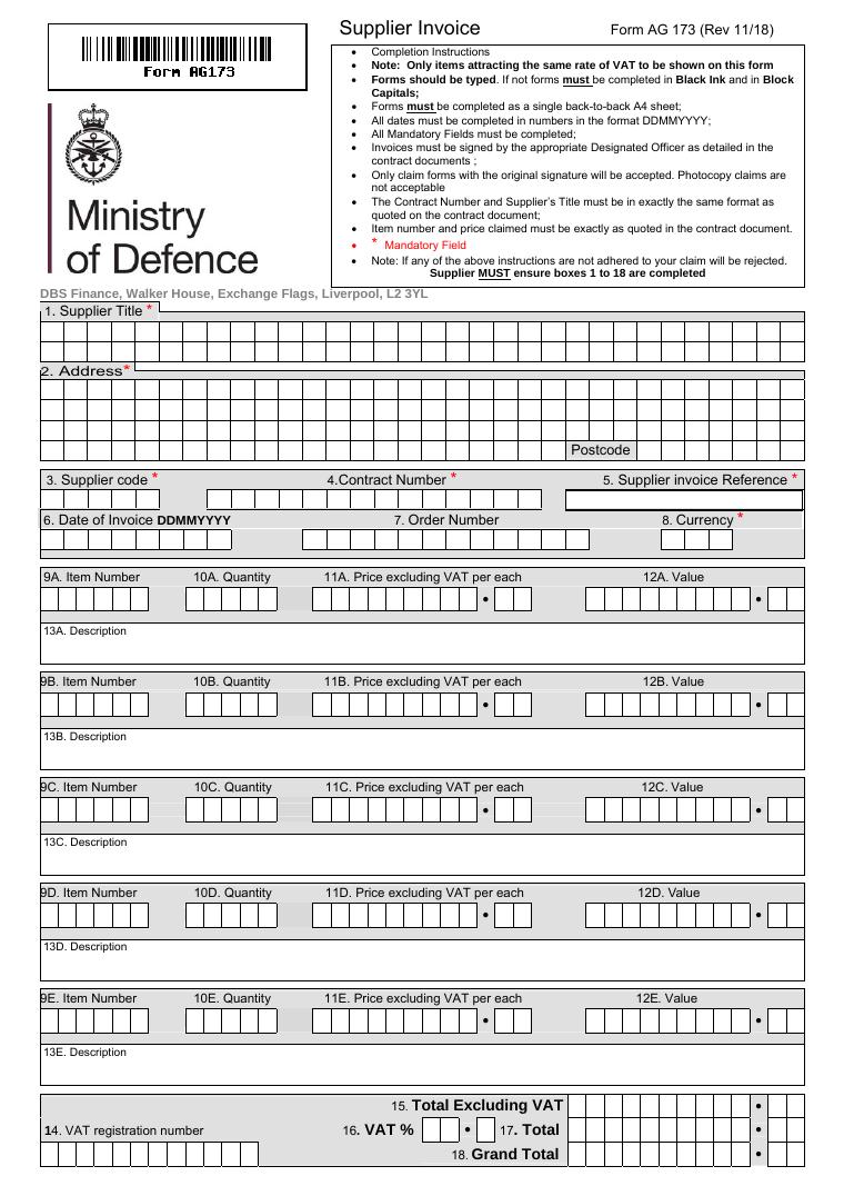 DEFRA Supplier Invoice Form AG 173 document preview