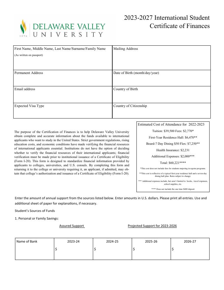 Delaware Valley University International Student Certificate of Finances 2023-2027 document preview