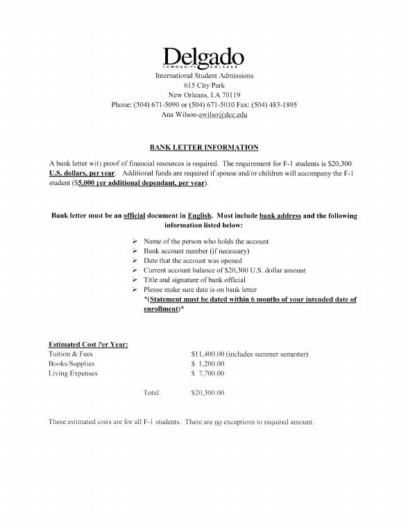 Delgado Community College Example Bank Letter document preview