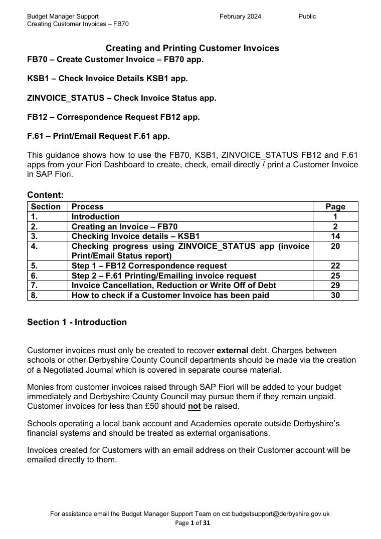 Derbyshire Schools Customer Invoices Guide document preview