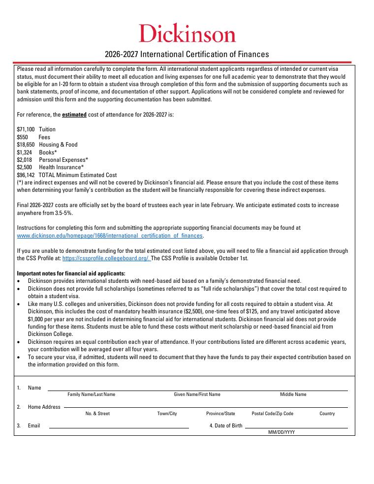 Dickinson College International Certification of Finances 2026-2027 document preview