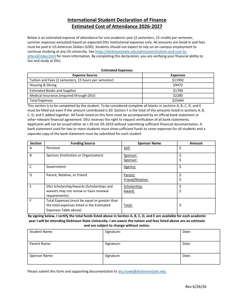 Dickinson State University International Student Declaration of Finance document preview