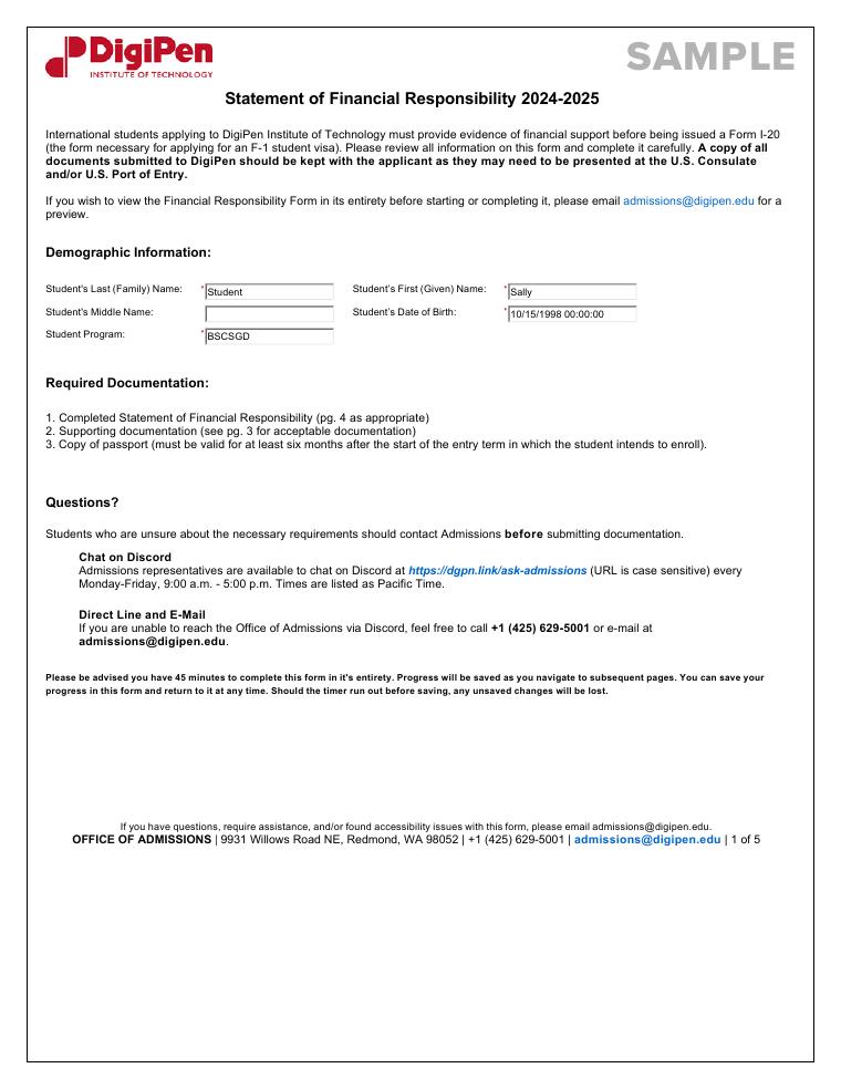 DigiPen Sample Financial Responsibility Form 2024-2025 document preview