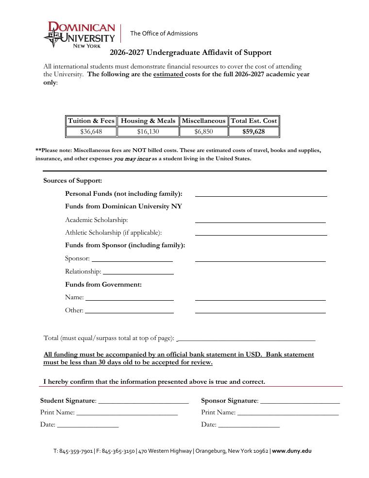 Dominican University New York 2026-2027 Undergraduate Affidavit of Support document preview