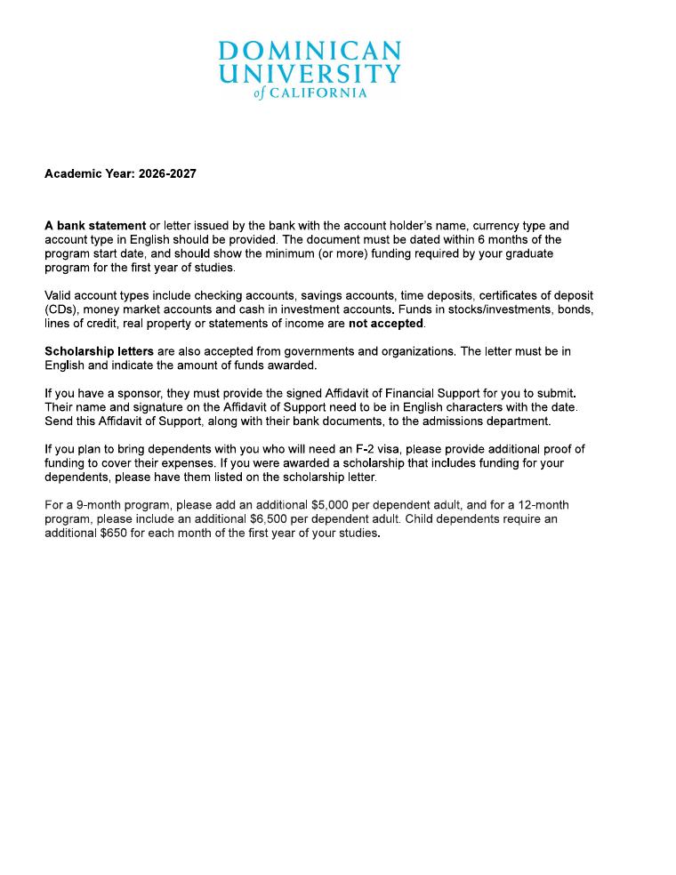 Dominican University of California International Student Financial Requirements 2026-2027 document preview
