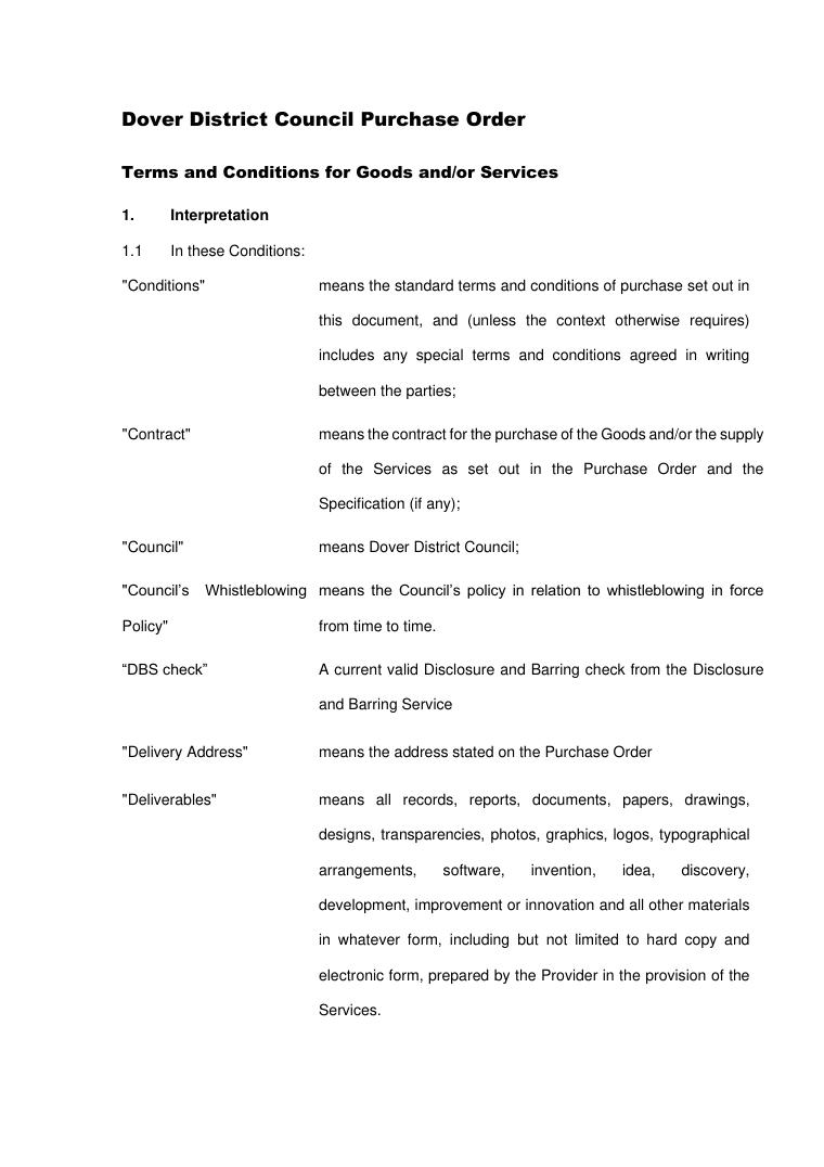 Dover District Council Purchase Order Terms and Conditions 2021 document preview