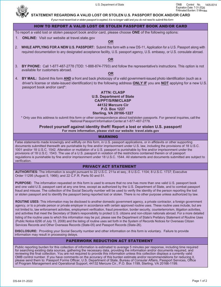 DS-64 Statement Regarding a Lost or Stolen U.S. Passport document preview