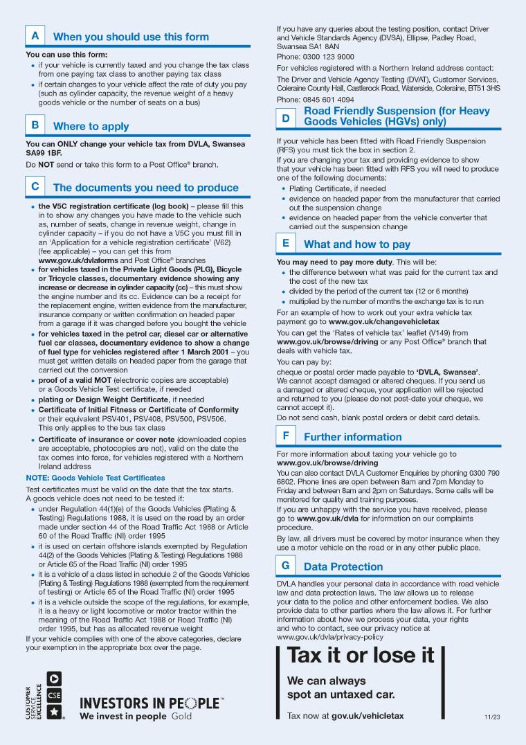 DVLA V70 Application to Change Vehicle Tax document preview