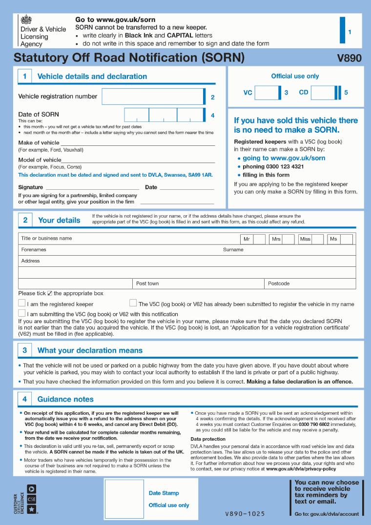 DVLA V890 Make a Statutory Off Road Notification document preview