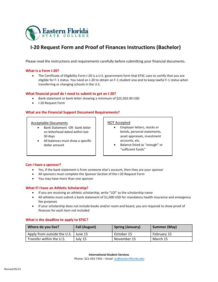Eastern Florida State College I-20 Proof of Finances Instructions document preview