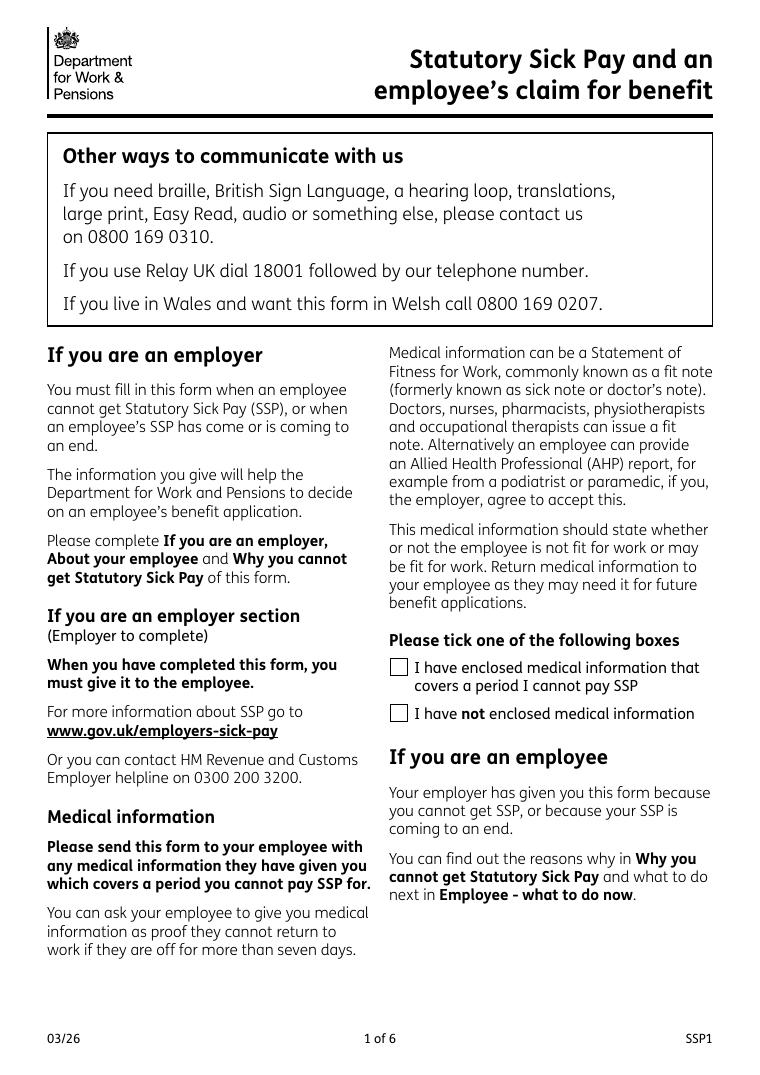 Employer Form SSP1 Statutory Sick Pay and an Employee's Claim for Benefit document preview