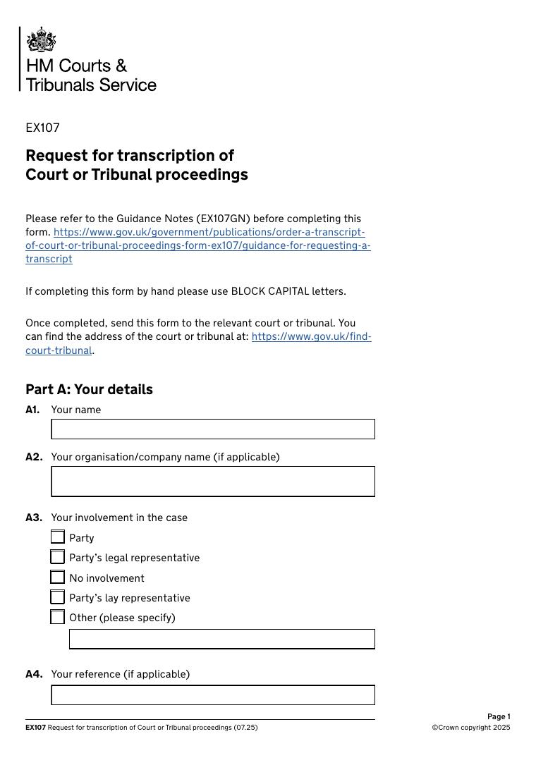 EX107 Request for Transcription of Court or Tribunal Proceedings document preview