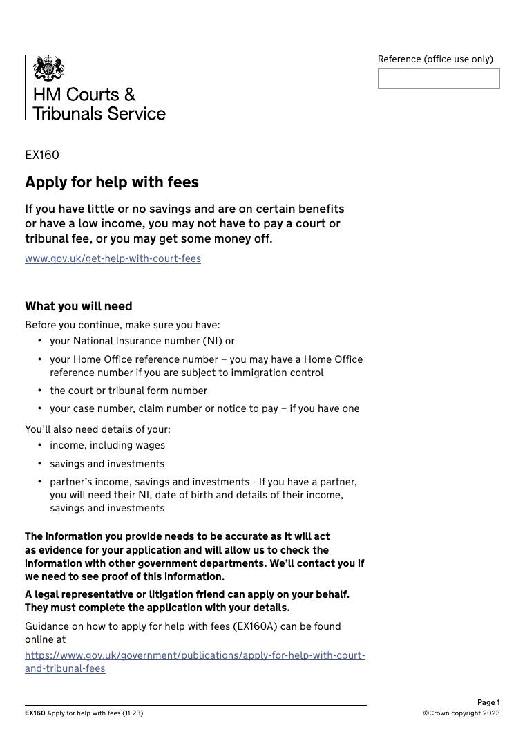 EX160 Apply for Help with Fees document preview