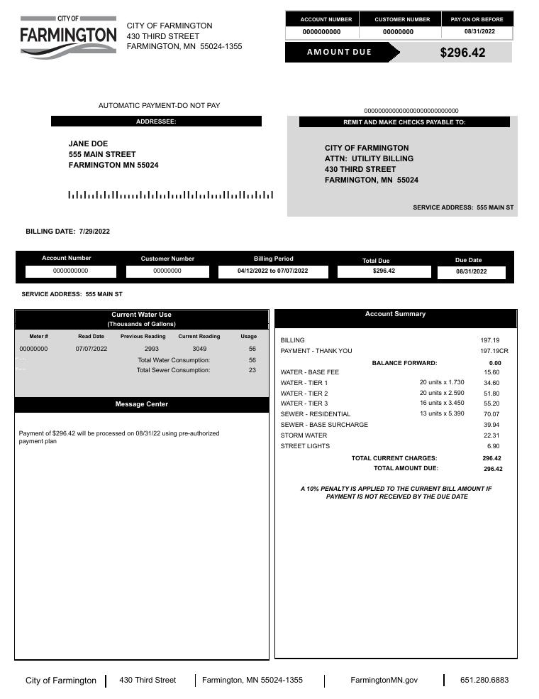 Farmington Sample Utility Bill document preview