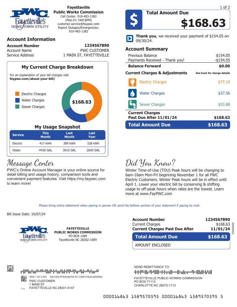Fayetteville Public Works Commission Sample Bill 2024 document preview