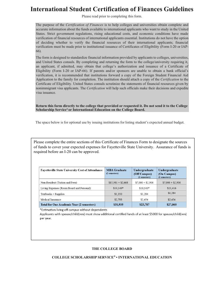 Fayetteville State International Student Certification of Finances Guidelines document preview